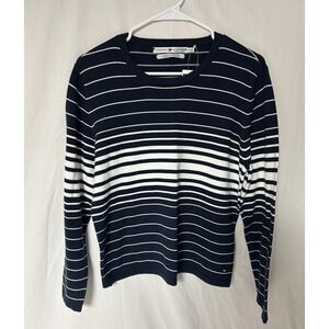 Tommy Hilfiger Womens XL Navy Blue White Striped Cotton Crew Neck Sweater NWT